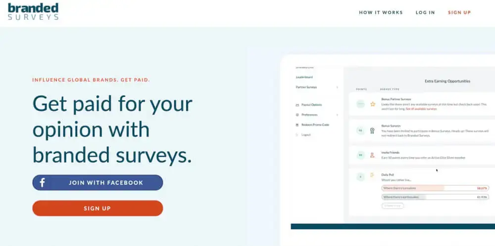 Branded Surveys hero image featuring a title, Join in and Sign up buttons, and an image of the Hot It Works page with information about how to earn extra opportunities