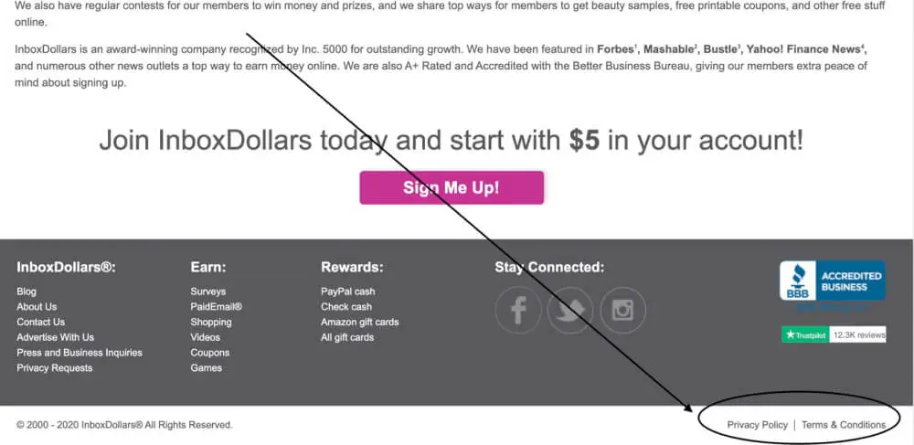 InboxDollars website with an arrow and an oval marking the footer links to Privacy Policy and Terms & Conditions, indicating site legitimacy