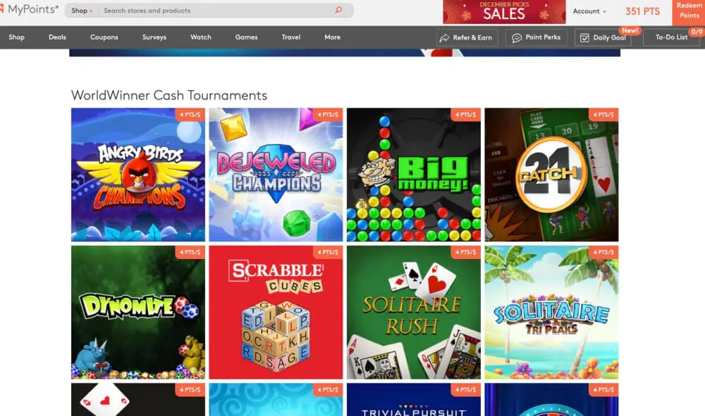 MyPoints WorldWinner cash tournaments list displayed in a four column grid, with each tile showing a game's cover image.