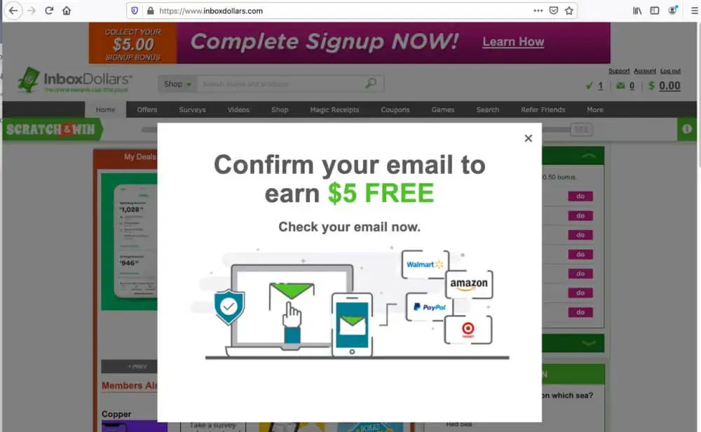 InboxDollars site with a modal: "Confirm your email to earn $5". Icons of a laptop, phone, shield with checkmark, and popular shopping site names.