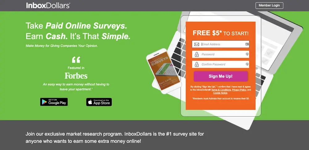 InboxDollars Hero image featuring a title, a Forbes reference, app download buttons, and an SSO form with a laptop in the background and a smartphone positioned on its left