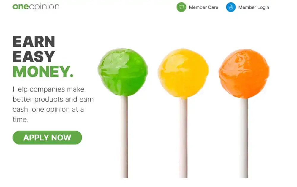 OneOpinion Hero with title, text, and "Apply Now" button, featuring three round lollipops standing upright in green, yellow, and orange.