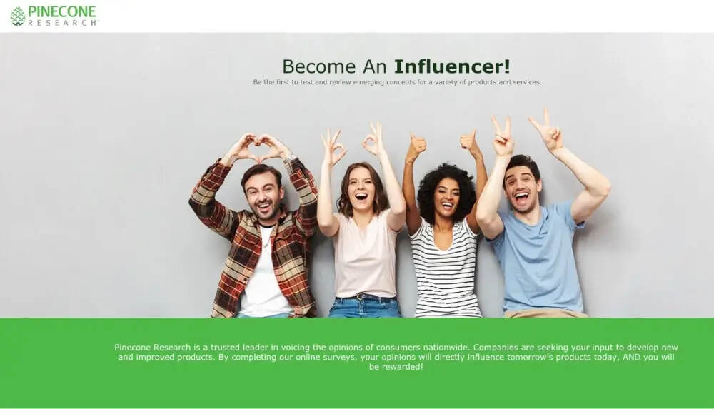 Pinecone Research Hero image featuring two men and two women, all young adults, smiling and making friendly hand gestures, including love, peace, OK, and thumbs up.