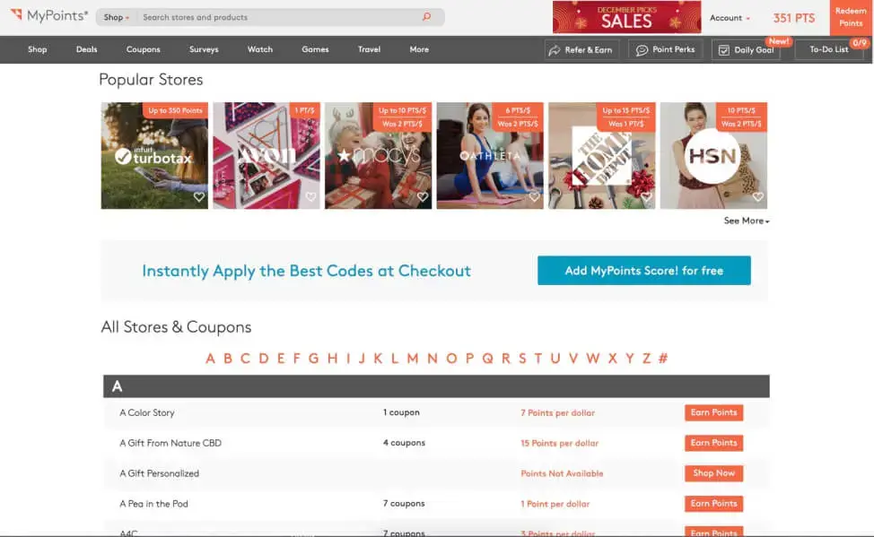 All Stores & Coupons page on MyPoints displaying stores starting with "A" along with relevant coupon information for each store