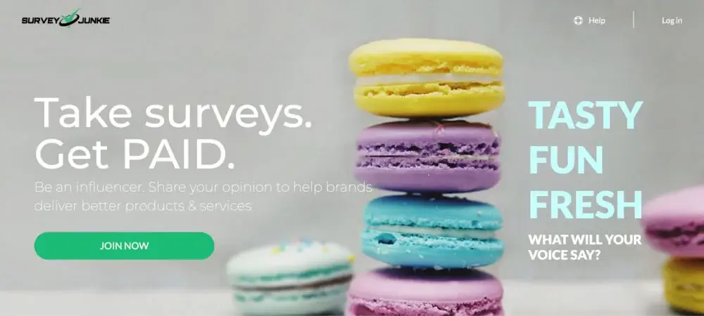Survey Junkie hero image featuring a title, a "Join Now" button, and stacks of colorful macarons