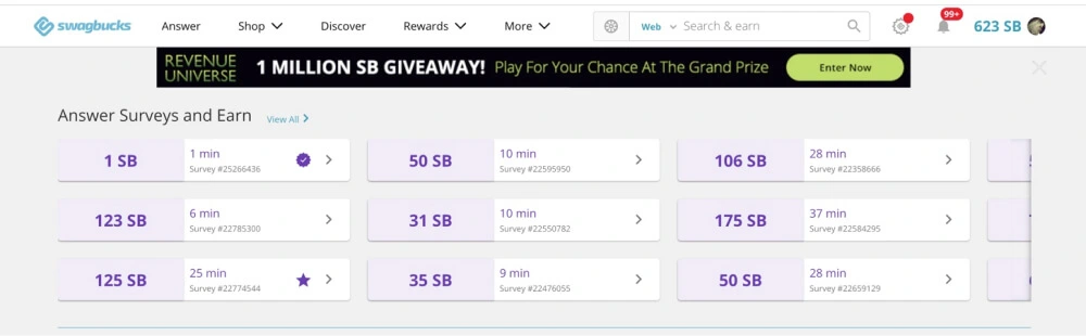 Swagbucks surveys page displaying a list of available surveys with their reward, duration, and ID