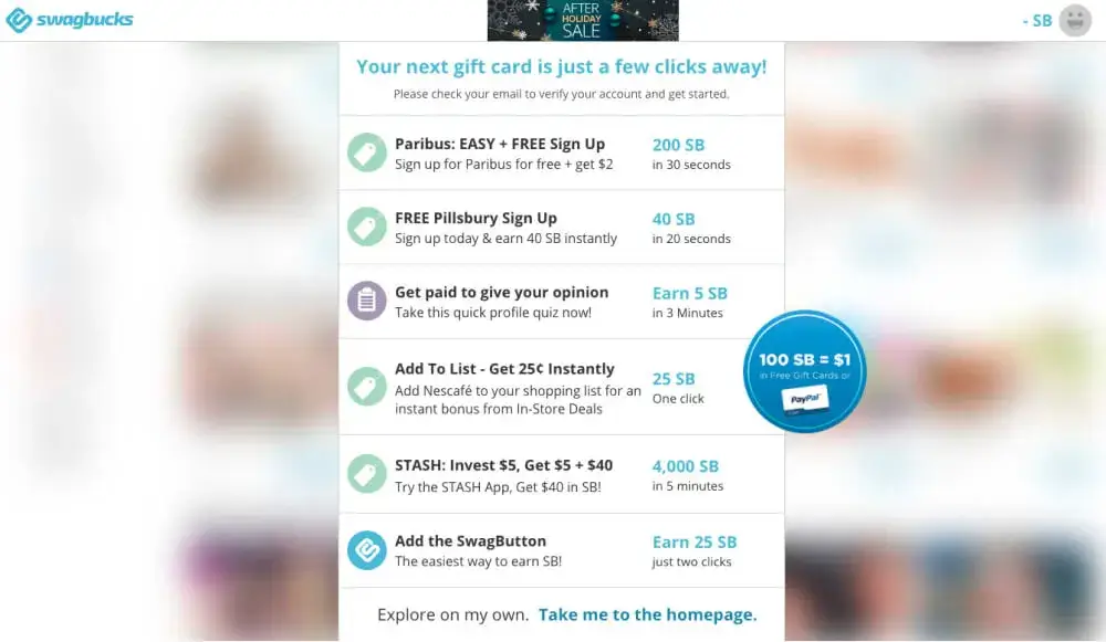 Swagbucks modal with a list of activities to earn points.