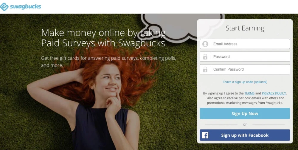 Hero screen with a Swagbucks signup form, featuring a woman lying on a grass carpet, seemingly considering taking surveys.