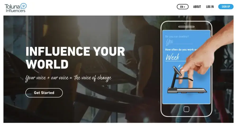 Hero for Toluna Influencers site with a title, "Get Started" button, and a nav menu. Features an image of a smartphone displaying a treadmill, with a hand making a walking gesture on it. Background shows people using treadmills at a gym