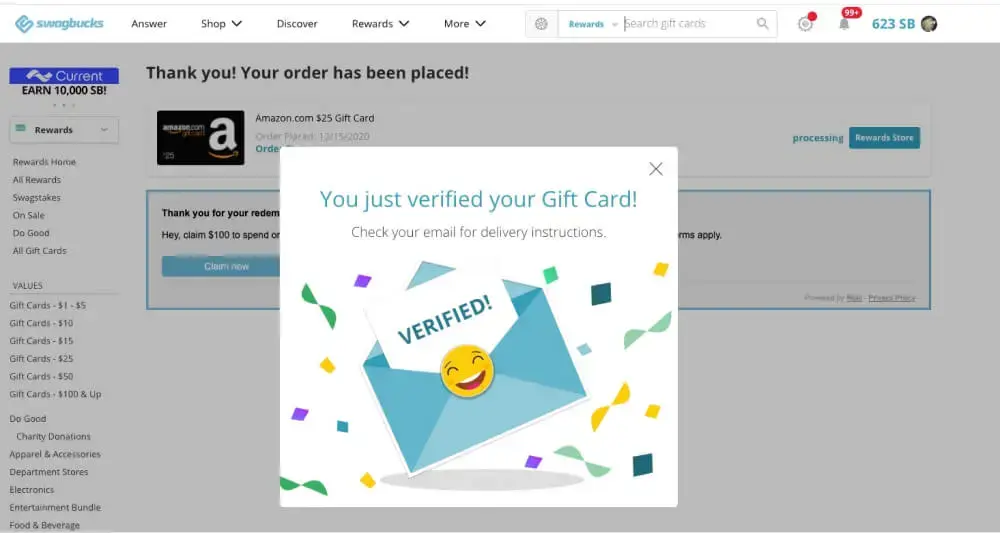 Modal with the message: "You just verified your Gift Card!", featuring an envelope with confetti, a card labeled "Verified!", and a happy face stamp.