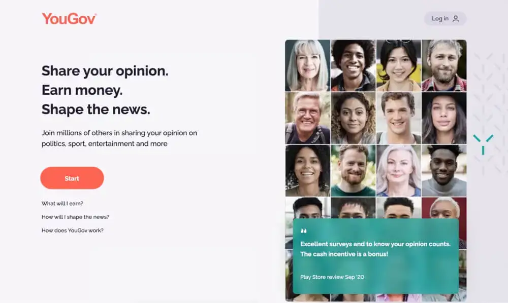YouGov hero image featuring a title, a "Start" button and a grid of people's faces with a quote at the bottom of the grid, displaying a review,